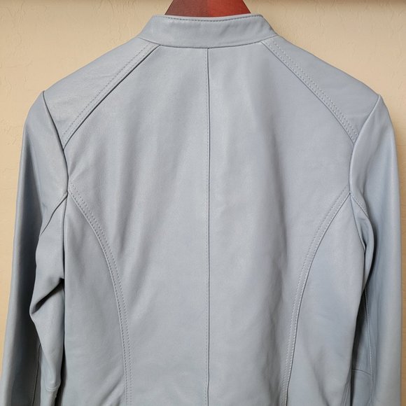 Neiman Marcus Light Blue Leather Lace-Up Moto Leather Jacket - Picture 9 of 16